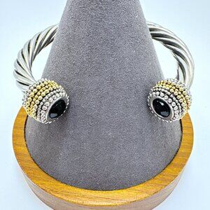 VTG Silver Tone Black Gemstone Twist Design Open Cuff Bracelet Size 7.5" Fit